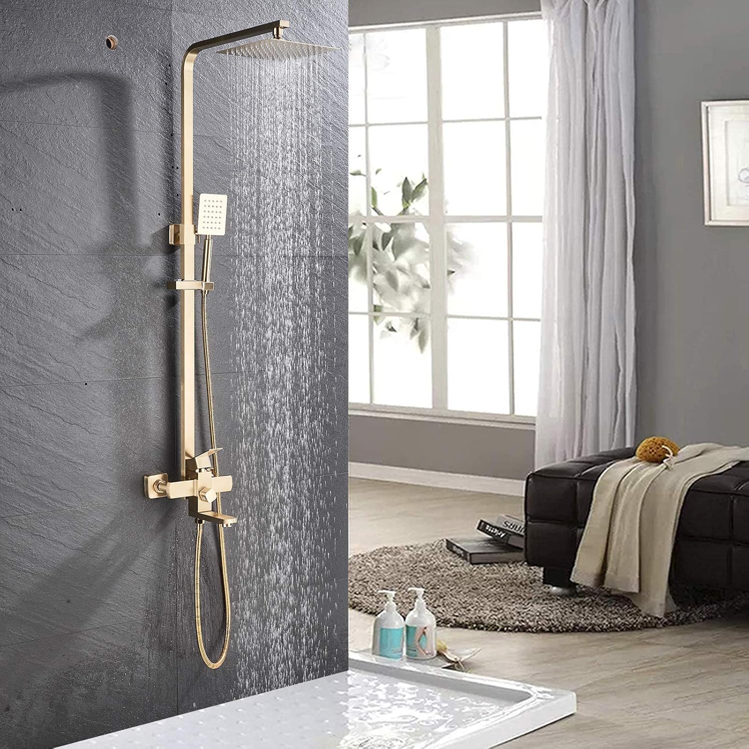 Shower Mixer taps Brushed Gold Shower Set Shower System 3-Function with Rainfall Shower Handheld Bath tub