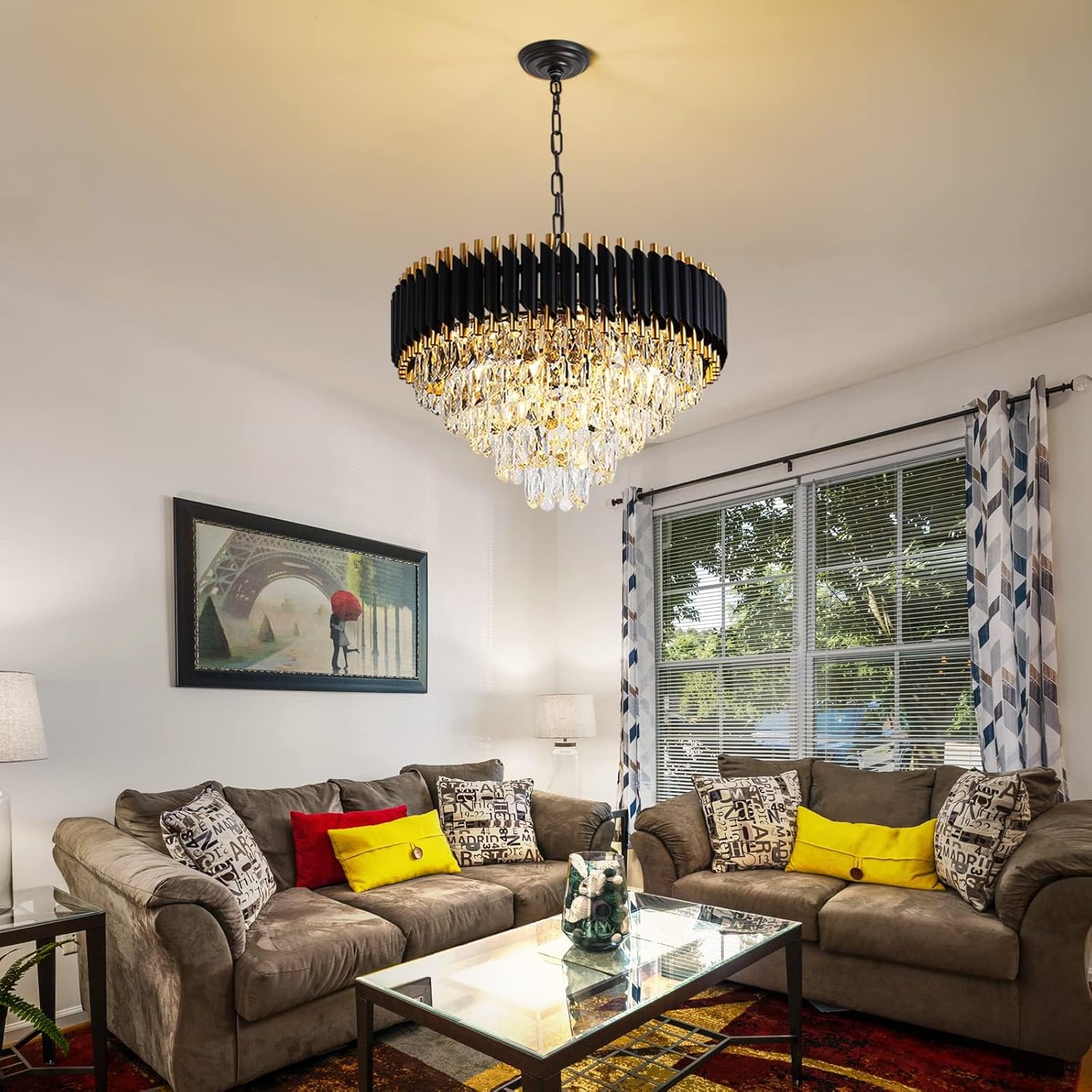 Modern 5-Tier Gold and Black Crystal Chandelier, 24" W, 12 Lights, Dimmable, For Dining Room, Living Room, Bedroom