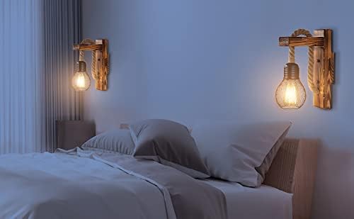 hageek Wooden Wall Light with hemp rope design, E27 socket, retro industrial style. Perfect for living room, bedside, corridor, café & bar.