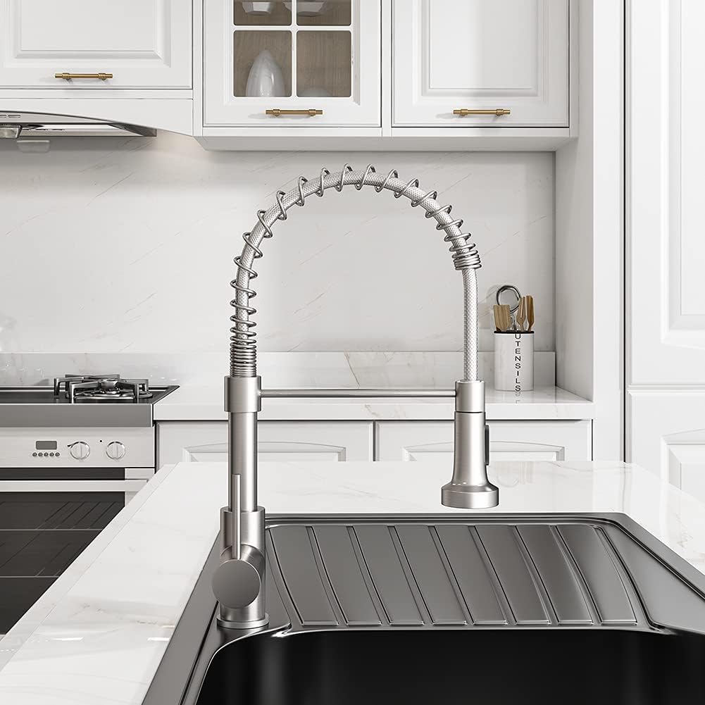 Kitchen Faucets Low Lead Commercial Solid Brass Single Handle Single Lever Pull Down Sprayer Spring Kitchen Sink Faucet, Brushed Nickel